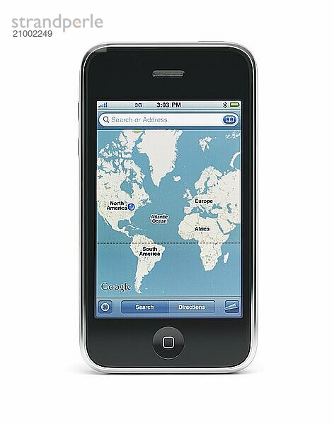 Apple iPhone 3Gs 3G smartphone displaying Google maps on the screen isolated with clipping path on white background. High quality photo