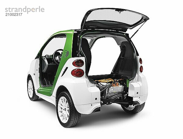 2012 Smart ForTwo Electric Drive open from behind showing the battery and the electric motor isolated on white background with clipping path