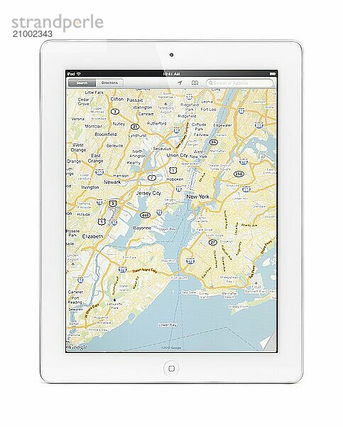 Apple iPad 2 tablet computer with a map of New York by Google Maps on its display. Isolated with clipping path on white background