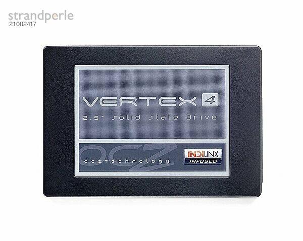 Closeup of Solid State Drive SSD OCZ Vertex 4 isolated on white background