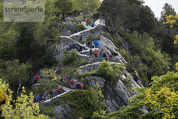 View of the hiking trail to the viewpoint Fjellstua on Aksla from Ålesund  Norway  Scandinavia  Europe