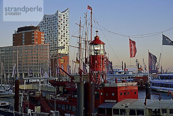 Europe  Germany  Hamburg  Elbe  harbour  Elbe Philharmonic Hall  historic lightship  restaurant  view of the Elbe Philharmonic Hall  evening light  Hamburg  Hamburg  Federal Republic of Germany  Europe