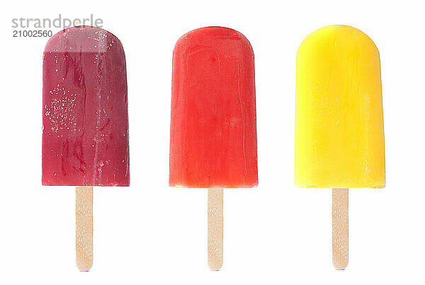 Three different flavoured ice lollies over a white background