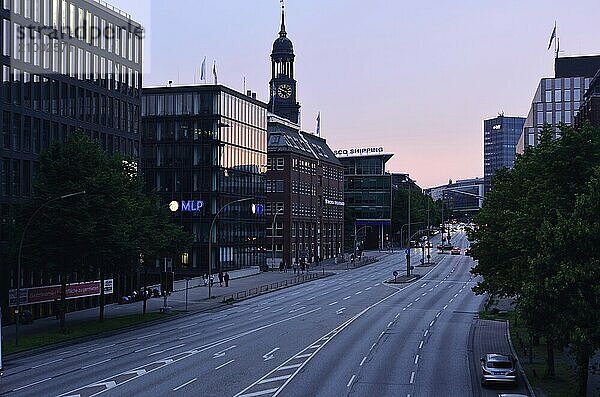 Europe  Germany  Hamburg  Neustadt  Willy-Brandt-Str. in the evening with view to the Michelturm  Hamburg  Hamburg  Federal Republic of Germany  Europe