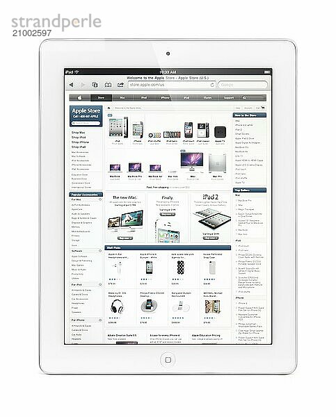 IPad 2 tablet computer with Apple online store on its display. Isolated with clipping path on white background