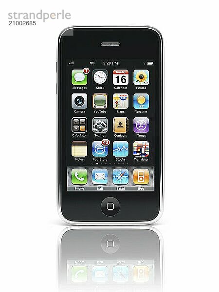 Apple iPhone 3Gs 3G smartphone with apps displayed on the screen isolated with clipping path on white background. High quality photo