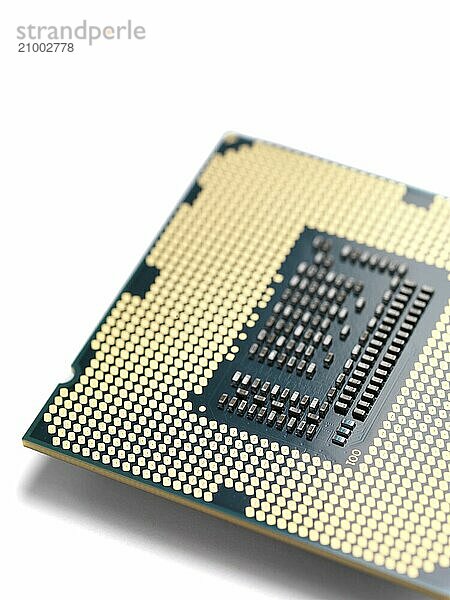 Intel i7 processor gold contacts CPU socket circuit isolated on white background