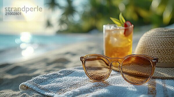 Sunglasses resting on a towel beside a cocktail  with an ocean view and sunset  AI generated