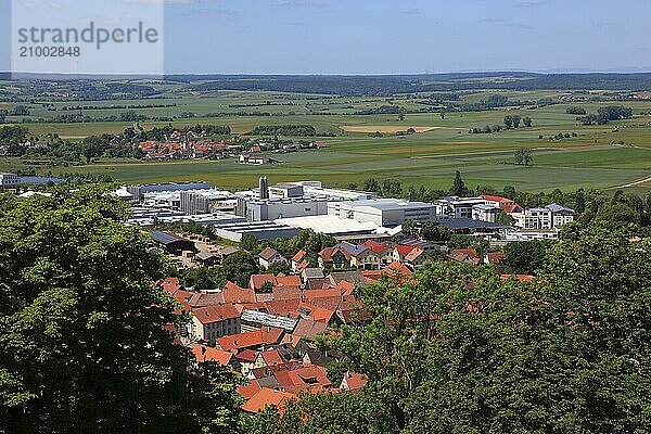 View from the castle to the company Franconian Rohrwerke Gebr. Kirchner GmbH & Co. KG and the town of Königsberg in Bavaria  Königsberg i.Bay  town in the district of Haßberge  Lower Franconia  Bavaria  Germany  Europe