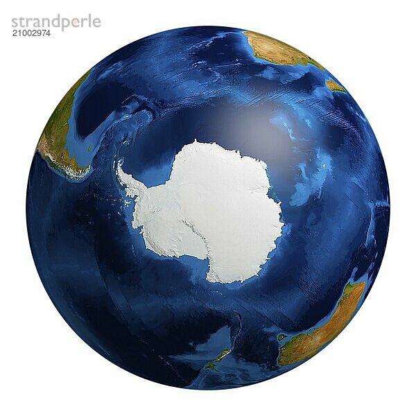 View of the Earth globe from space showing the Antarctic region. Isolated on white background