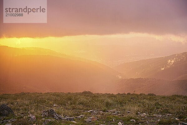 Beautiful view from the top of Lousa mountain in the North of Portugal at sunset