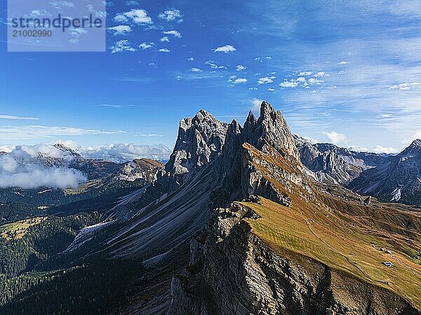 The Sas Rigais and Furchetta peaks of the Odle Group  drone shot  Val Gardena  Dolomites  Autonomous Province of Bolzano  South Tyrol  Italy  Europe