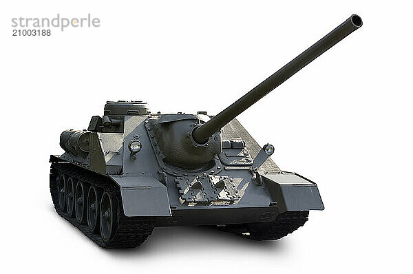 Stock photo of a Soviet Self-propelled Mounting SU-100 1944 year with 100mm gun Heavy artillery armored vehicle Isolated silhouette with a clipping path on white background