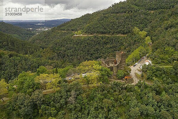 Lousa Castle drone aerial view on the mountains landscape in Portugal