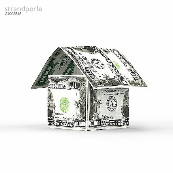 House made of money  ten thousand US dollar bills isolated on white background. Housing  property  mortgage  renovation concept