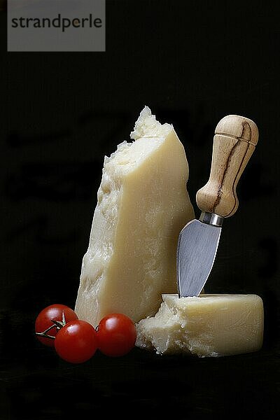 A piece of Parmesan cheese with cheese knife  tomatoes  Italy  Europe