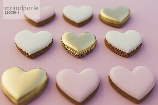 Pink background with sweet gingerbread heart cookies.