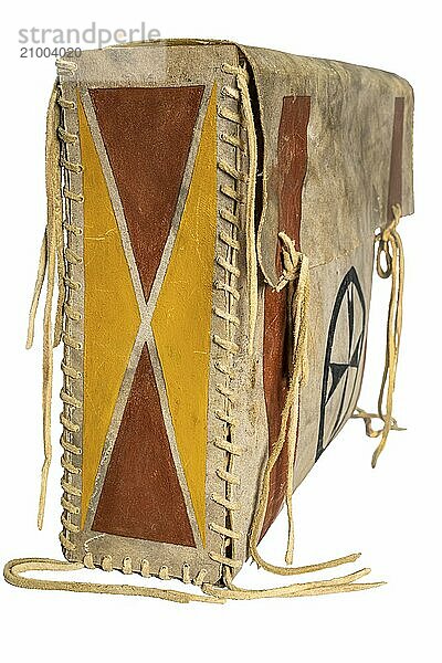 Transport box made of rawhide painted Indian with leather cords painted on white