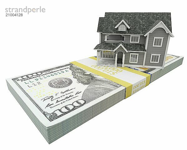 Miniature house resting on stack of thousands of dollars cash isolated on a white background