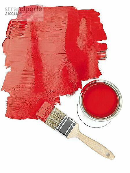 Red paint copyspace and a paintbrush with a can of paint on white background