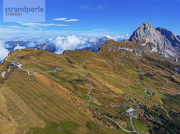 The Sas Rigais peak of the Odle group  alpine meadows  drone shot  Val Gardena  Dolomites  Autonomous Province of Bolzano  South Tyrol  Italy  Europe