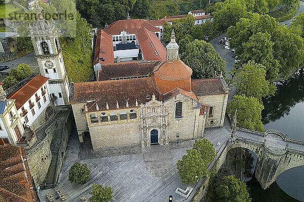 Amarante drone aerial view with beautiful church and bridge in Portugal at sunrise