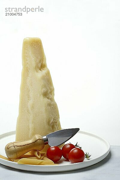 A piece of Parmesan cheese with cheese knife  pasta and tomatoes  Italy  Europe