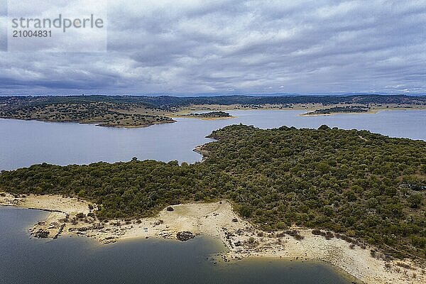 Drone aerial view of Idanha Dam Marechal Carmona landscape with beautiful blue lake water  in Portugal