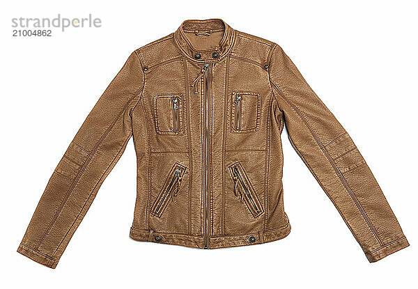 Short brown leather womens jacket isolated on white background