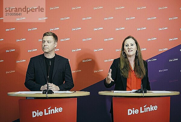 Janine Wissler  Chairwoman of the Left Party  and Martin Schirdewan  Chairman of the Left Party  at a press conference in Berlin  19 August 2024