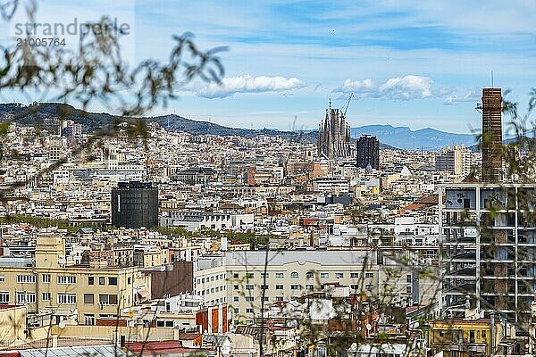 View from Montjuic to the El Raval neighbourhood and the Sagrada Familia in Barcelona  Spain  Europe