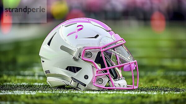 A white American football helmet with a pink ribbon printed on it sitting on the grass of a stadium in support of Breast Cancer Awareness Month. AI generated