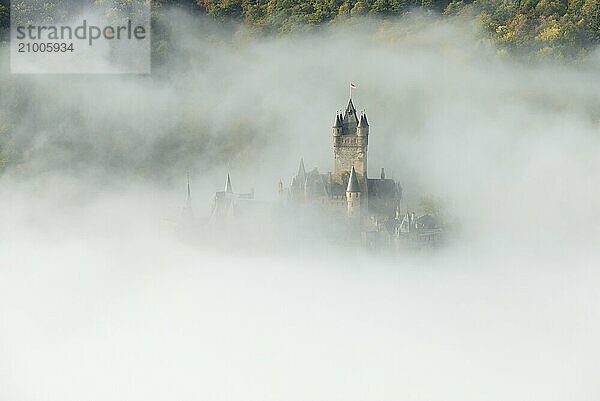 View of the Reichsburg castle near Cochem in dense fog  Moselle  Rhineland-Palatinate  Germany  Europe