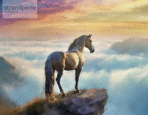 Wild horse silhouette standing on the edge of a cliff with a scenery view above the clouds at sunset. AI generated