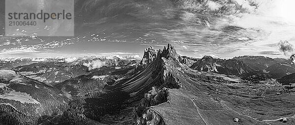 The peaks Sas Rigais and Furchetta of the Geisler Group  wide-angle panoramic photo  drone photo  black and white photo  Val Gardena  Dolomites  Autonomous Province of Bolzano  South Tyrol  Italy  Europe