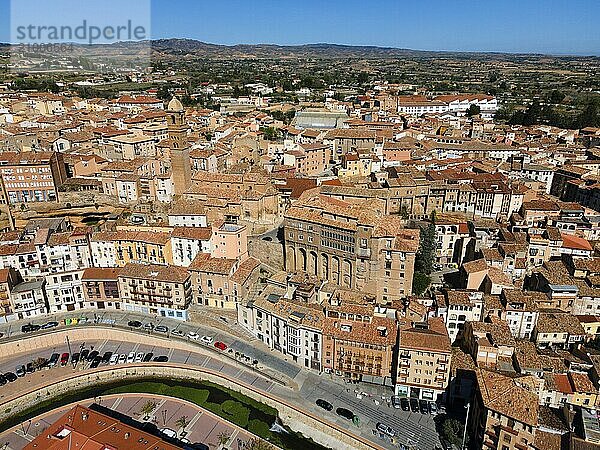 Aerial view of a historic city with many narrow streets and tiled roofs  aerial view  church  Iglesia de Santa María Magdalena  bishop's palace  Palacio Episcopal  Tarazona  Zaragoza  Aragon  Spain  Europe