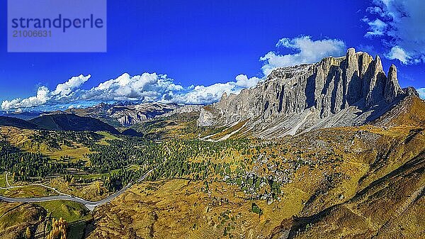 The peaks of the Puez Group  panoramic photo  drone photo  Val Gardena  Dolomites  Autonomous Province of Bolzano  South Tyrol  Italy  Europe