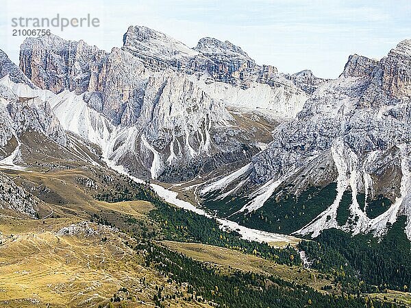 The peaks of the Puez Group  drone shot  Val Gardena  Dolomites  Autonomous Province of Bolzano  South Tyrol  Italy  Europe