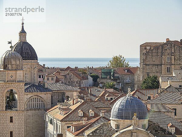 City view with historic churches and buildings  red tiled roofs and sea view  dubrovnik  Mediterranean Sea  Croatia  Europe