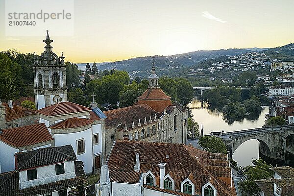 Amarante drone aerial view with beautiful church and bridge in Portugal at sunrise