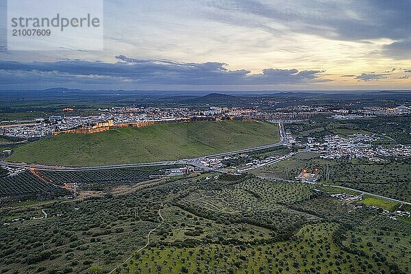 Elvas cityscape drone aerial panoramic view with beautiful green landscape of Alentejo  in Portugal