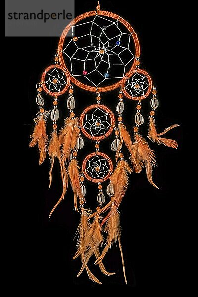 Beaded dreamcatcher with colourful feathers and beads against a black background