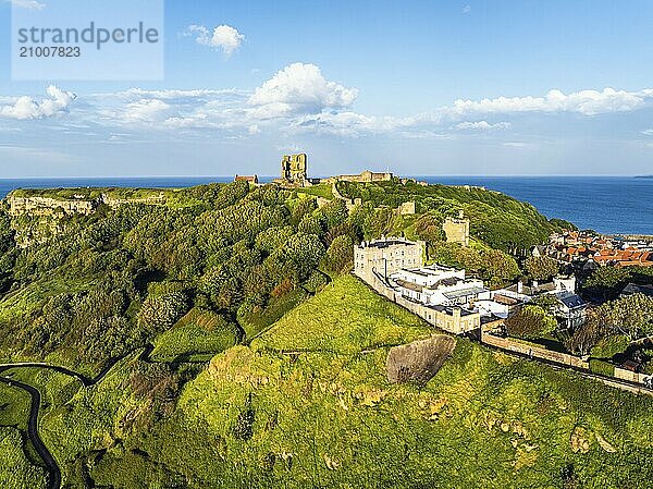 Scarborough Castle from a drone  Scarborough  North Yorkshire  England  United Kingdom  Europe