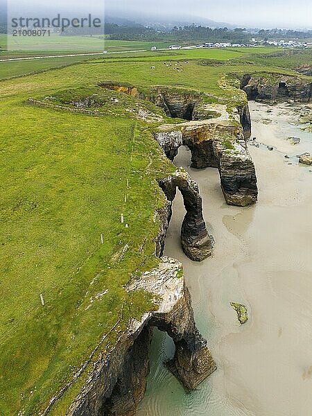 Steep cliffs with several prominent rock arches and lush green meadows reaching down to the sea  aerial view  Praia das Catedrais  Playa de las Catedrales  Cathedral beach  As Catedrais beach  Cantabrian Sea  Ribadeo  Galicia  Galicia  Spain  Europe