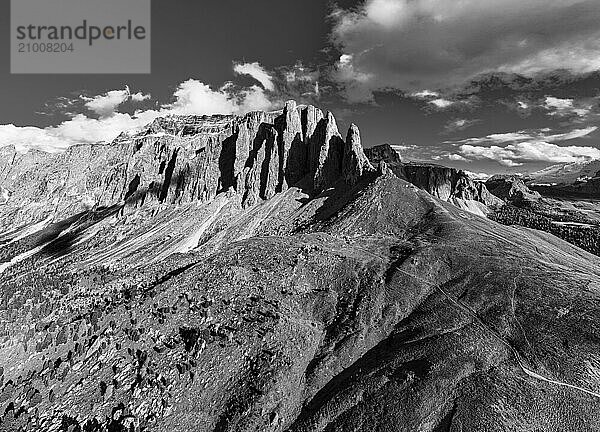 The peaks of the Puez Group  drone image  black and white image  Val Gardena  Dolomites  Autonomous Province of Bolzano  South Tyrol  Italy  Europe