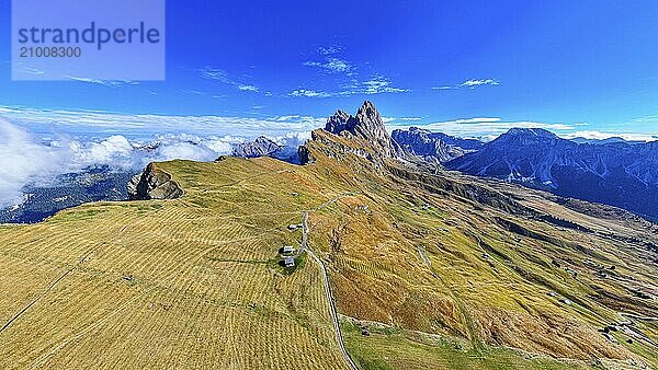 The Sas Rigais and Furchetta peaks of the Odle Group  drone shot  Val Gardena  Dolomites  Autonomous Province of Bolzano  South Tyrol  Italy  Europe