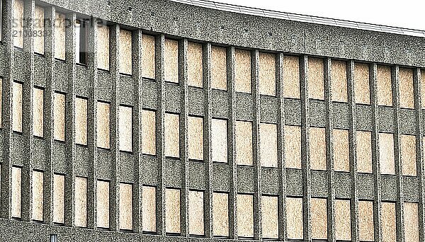 Oslo  Norway  July 22 2012: Boarded up windows atY-blokka at Regjeringskvartalet after the 2011 bombing  Europe