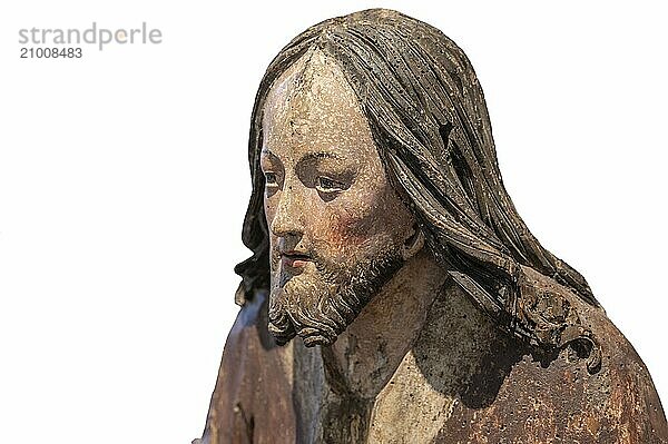 Head of Christ  detail of the Palmesel  wooden figure around 1520  on a white background  Diözesan Museum  . Rottenburg  Baden-Württemberg  Germany  Europe