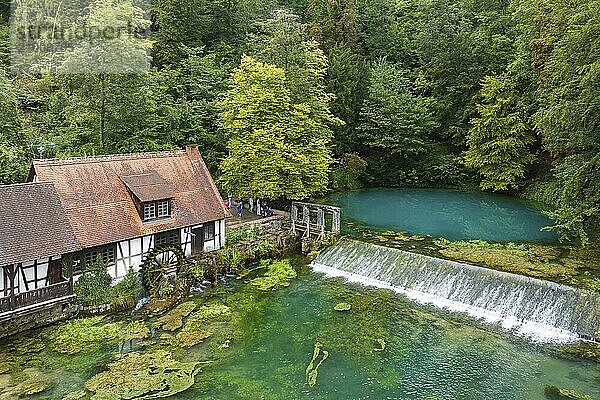 Blautopf Blaubeuren with industrial monument Hammerschmiede  source of the little river Blau in a landscape with forest. Karst spring  geotope and geopoint of the UNESCO Swabian Alb Geopark  tourist attraction. The popular excursion destination is now being thoroughly renovated and will therefore be closed to visitors until the end of 2028. Drone photo. Blaubeuren  Baden-Württemberg  Germany  Europe