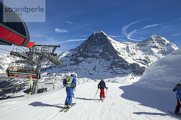 25 March 2024: Skiing against the backdrop of the north face of the Eiger in Grindelwald  Switzerland  Europe